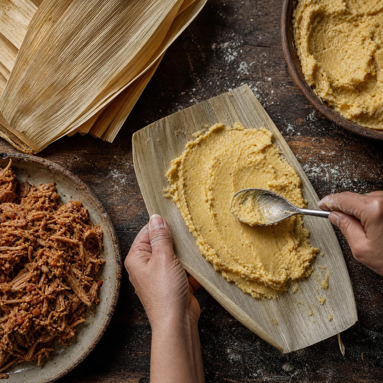 Hands spreading masa onto a corn husk
