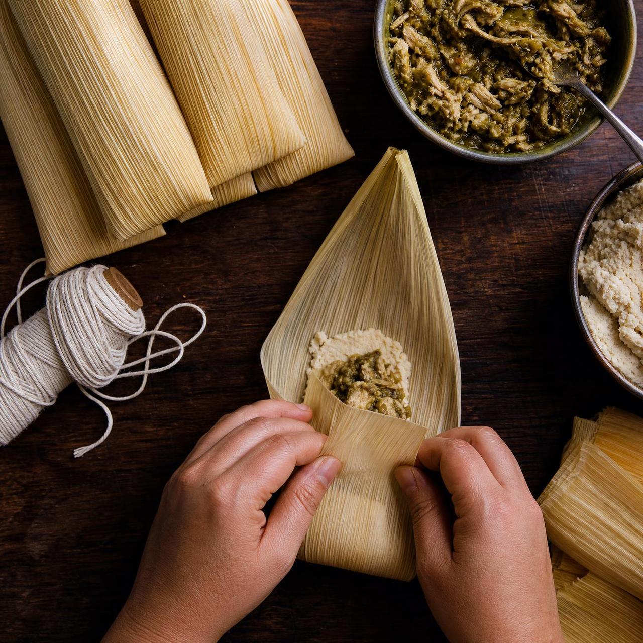 Hands folding the husk closed around the filling