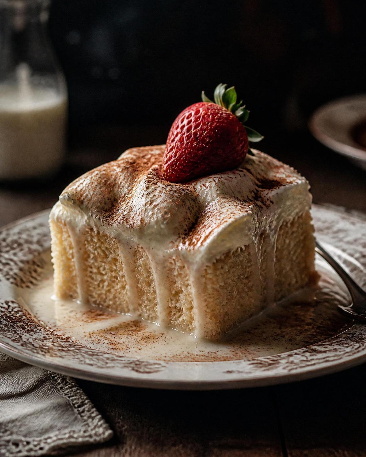 Slice of tres leches cake with strawberry