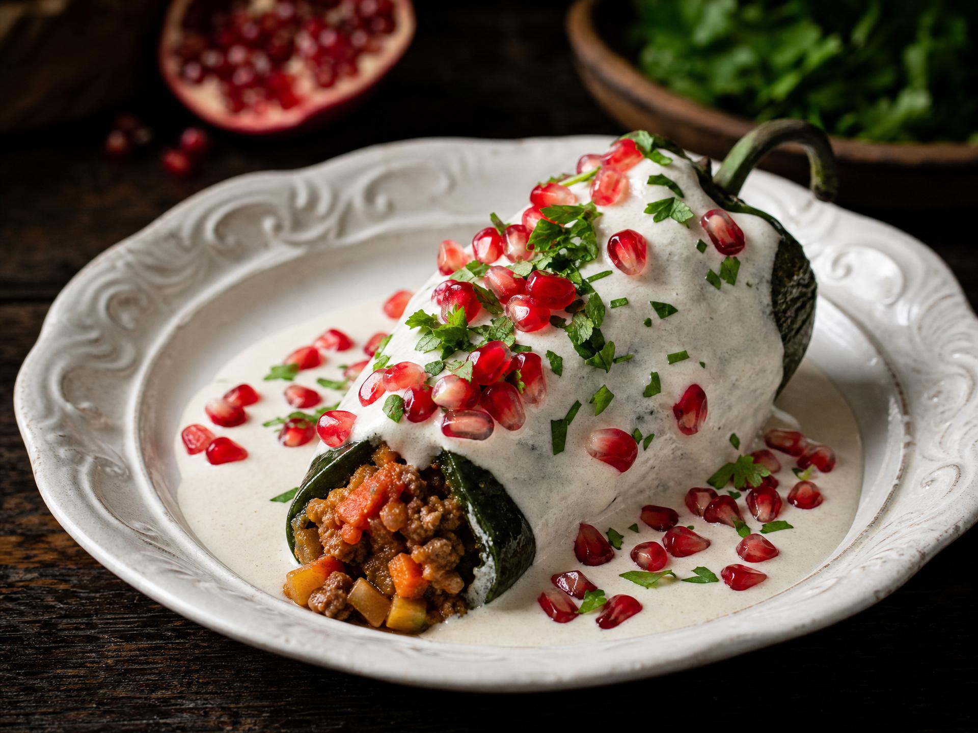 Chiles en Nogada with walnut cream and pomegranate