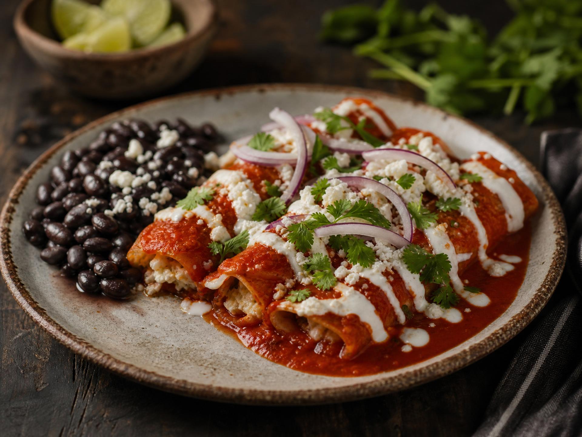 Enchiladas verdes topped with melted cheese and crema