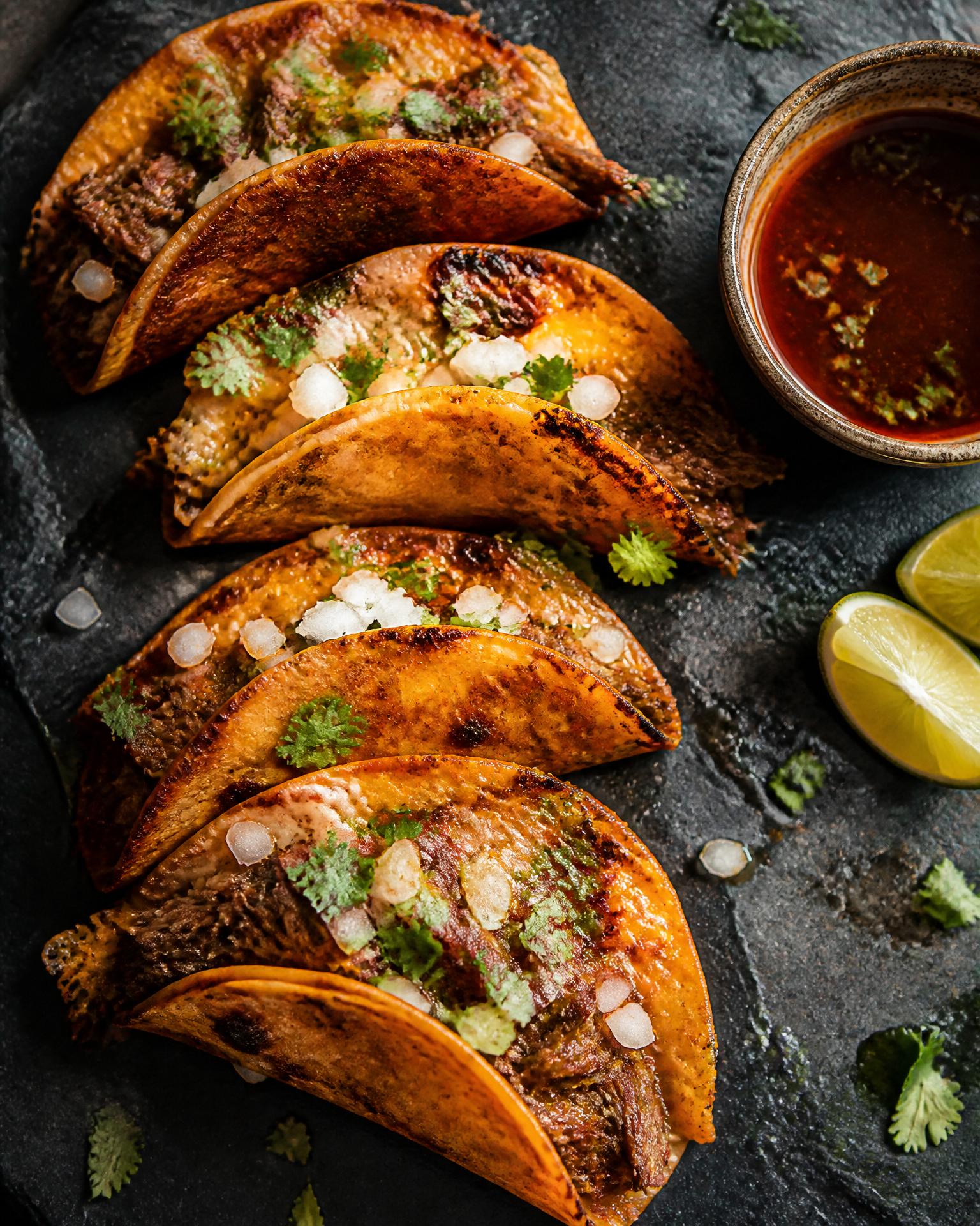 Crispy quesabirria tacos with consomé
