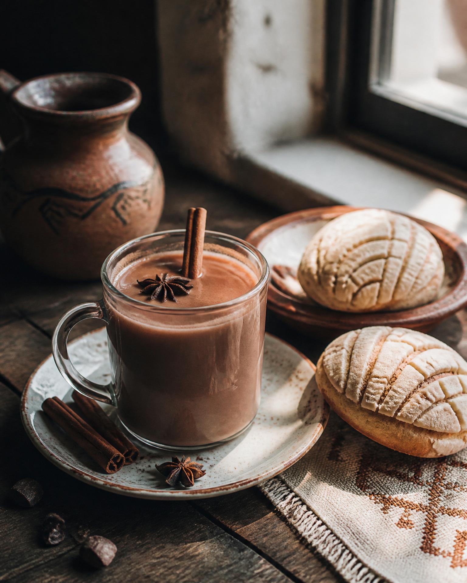 Glass mug of champurrado with cinnamon and star anise
