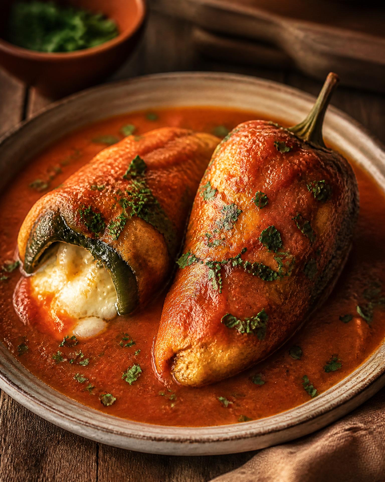 Chiles rellenos in tomato caldillo